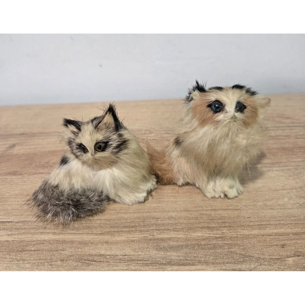 Set of 3 Vintage Real Rabbit Fur Cat Kitten Figurines White Calico